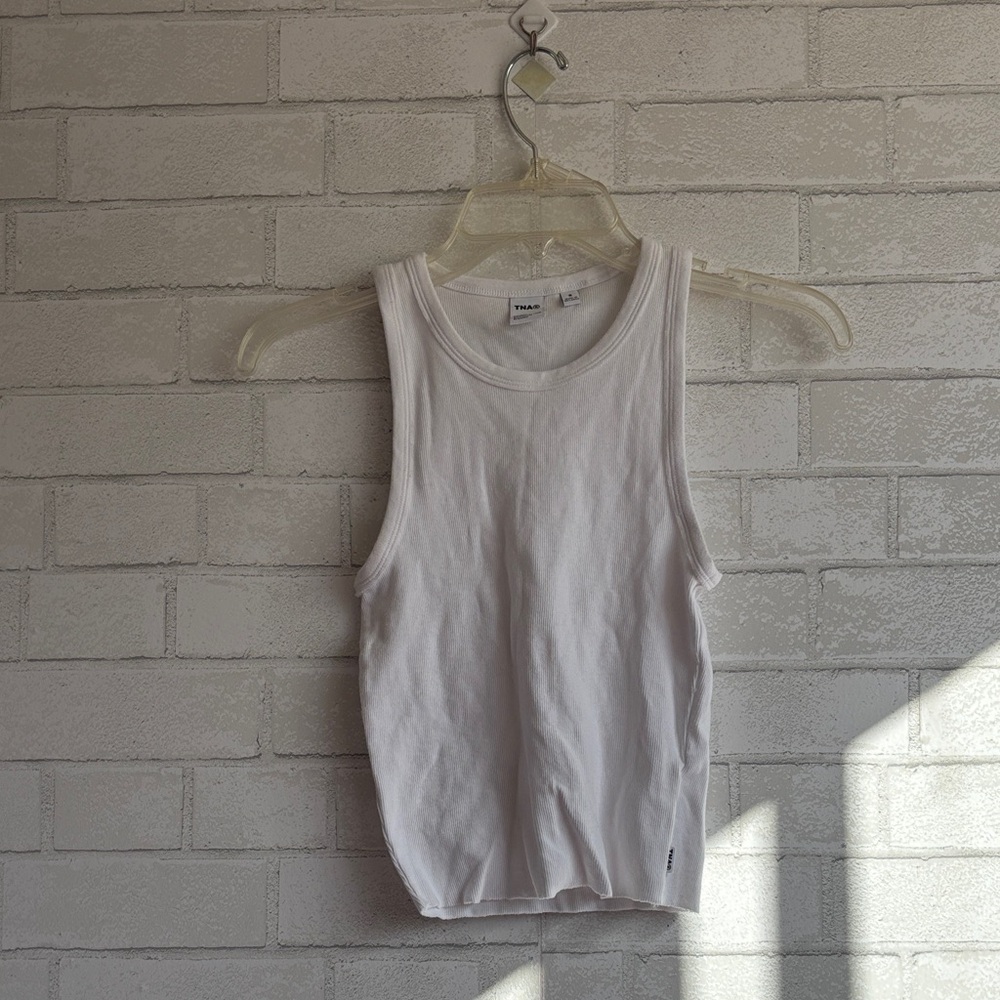 Aritzia TNA White High Neck Ribbed Cutoff Tank Top